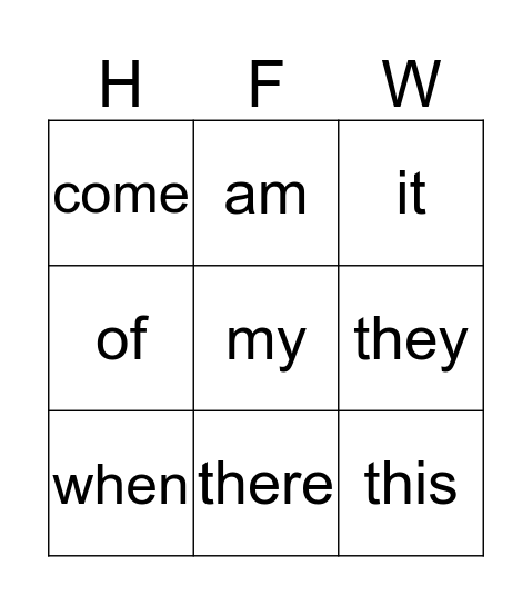 HFW Bingo Card