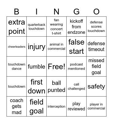 Super Bowl Bingo Card