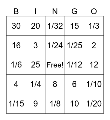 Dividing Fractions and Whole Numbers Bingo Card