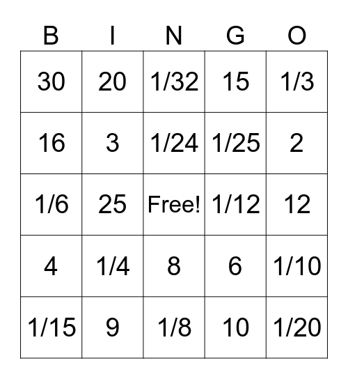 Dividing Fractions and Whole Numbers Bingo Card