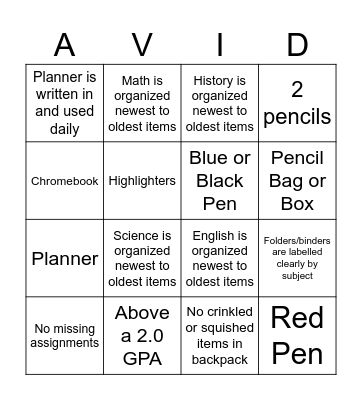 Materials Check Bingo (Version B) Bingo Card