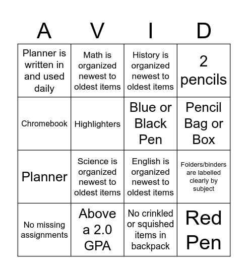 Materials Check Bingo (Version B) Bingo Card
