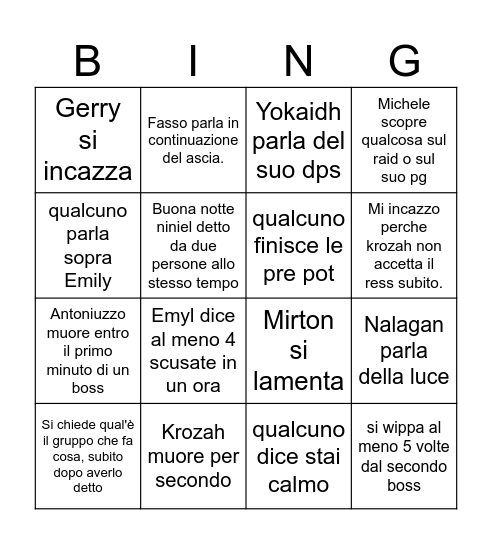 Bingo Raid Bingo Card