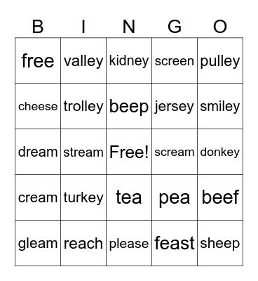 ee, ea, ey Bingo Card