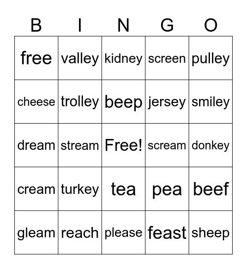 ee, ea, ey Bingo Card