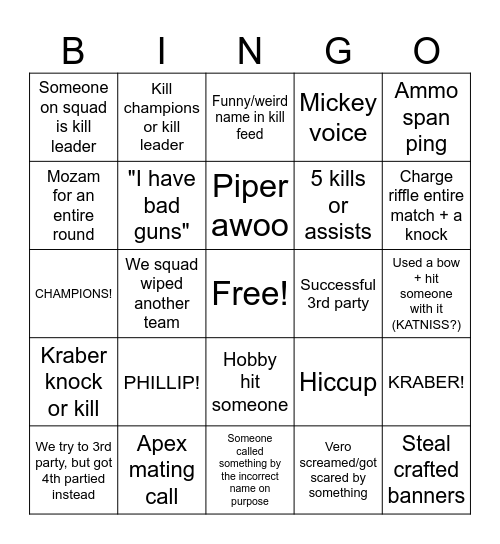 Apex Legends Ranked Bingo Card