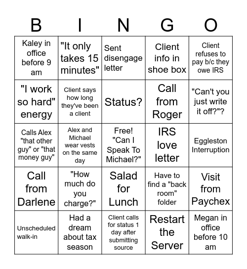 Tax Season Bingo Card