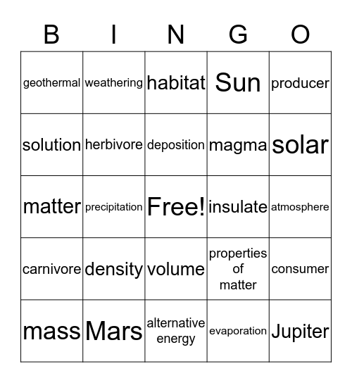 Science Review Bingo Card