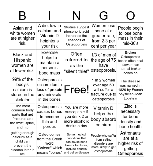 Osteoporosis Bingo! Bingo Card