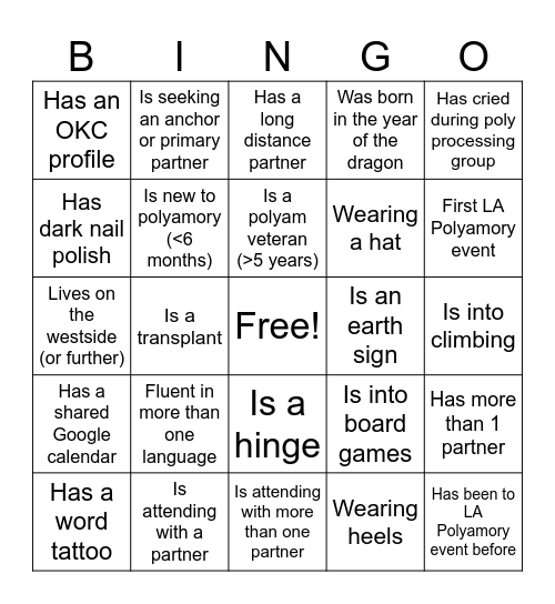 LA Polyamory Bingo Card