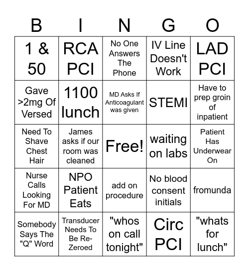 Cath Lab Bingo Card