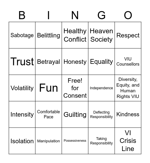 Healthy Relationships Bingo Card