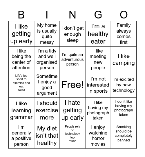 Opionions Bingo Card