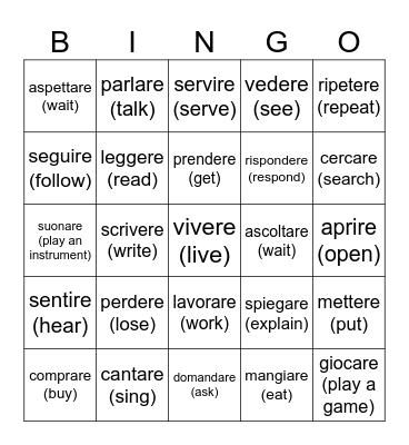 -are/-ere/-ire verbs Bingo Card