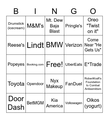 Superbowl LVIII Commercial BINGO Card