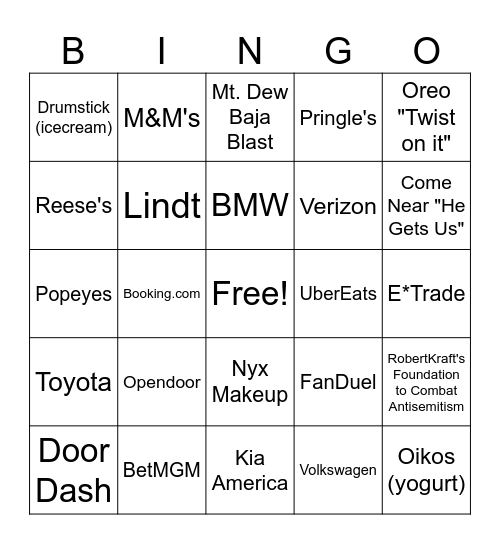 Superbowl LVIII Commercial BINGO Card