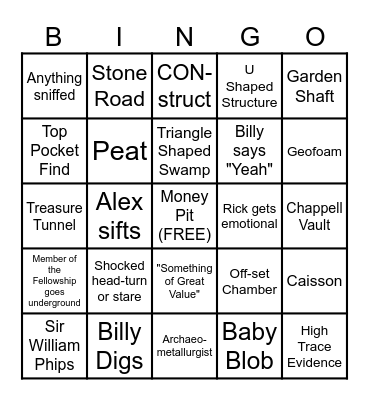 Oak Island S11E13 - "Tea Time" Bingo Card