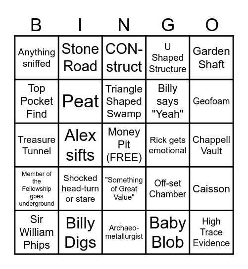 Oak Island S11E13 - "Tea Time" Bingo Card