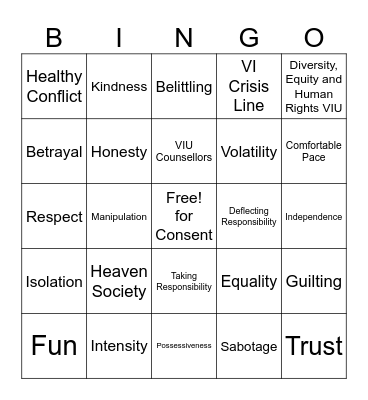 Healthy Relationships Bingo Card