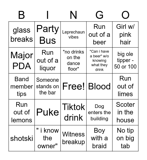Thirsty Cowboy - Bartender Bingo Card
