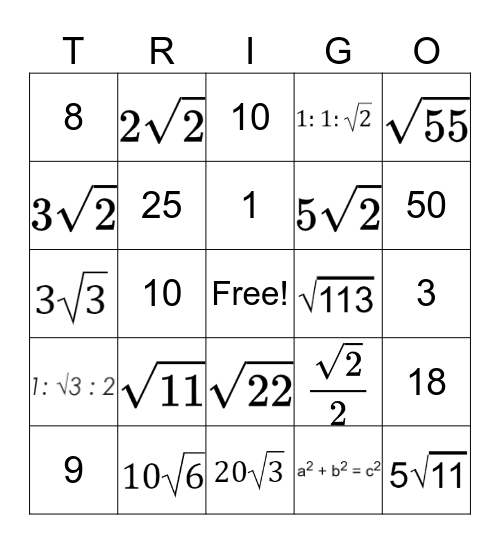 Pyth. Theorem/Special Right Triangles Bingo Card