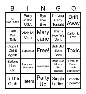 DJ G-Kue's Party Music Bingo Card