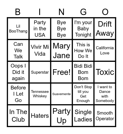 DJ G-Kue's Party Music Bingo Card