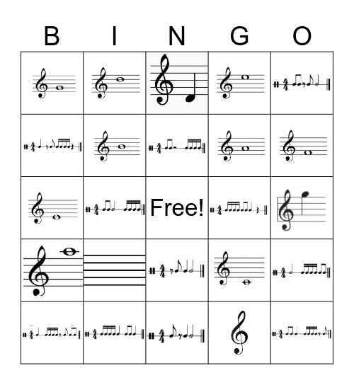 Treble Clef Pitches and 16th Note Countings Bingo Card