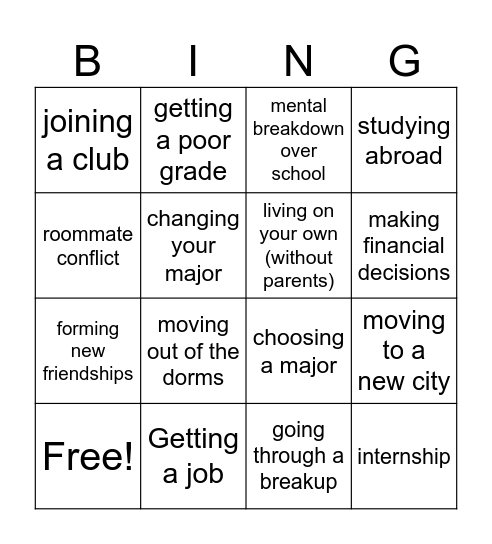 Life Changes Bingo! Bingo Card