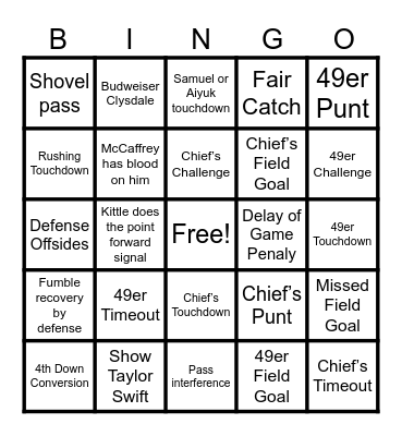 Superbowl 2024 Bingo Card