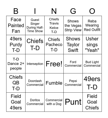 Super Bowl Bingo Card