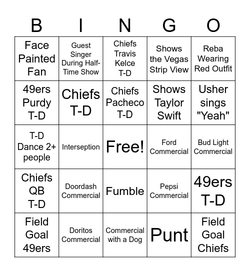 Super Bowl Bingo Card