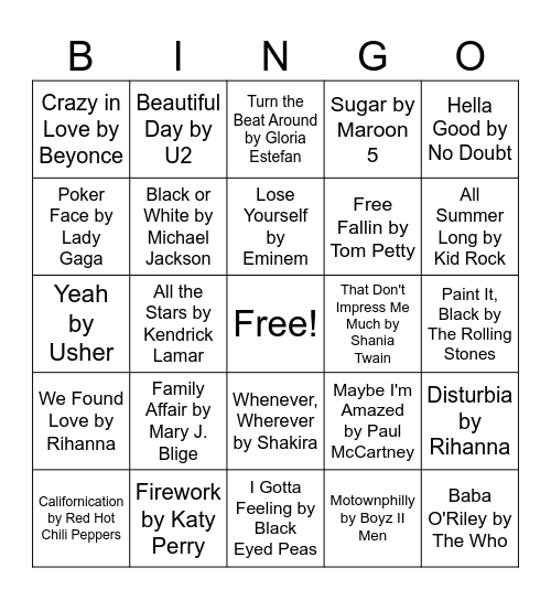Super Bowl Halftime Performers Bingo Card