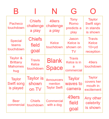 Swiftie Bowl 2024 Bingo Card