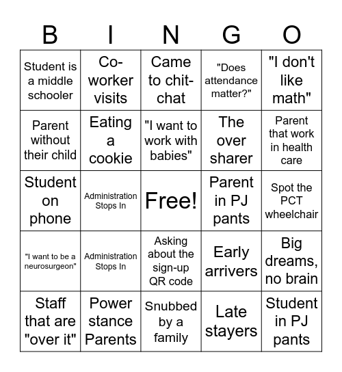 Open House Bingo Card