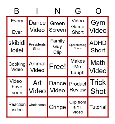 YT Shorts Bingo Card