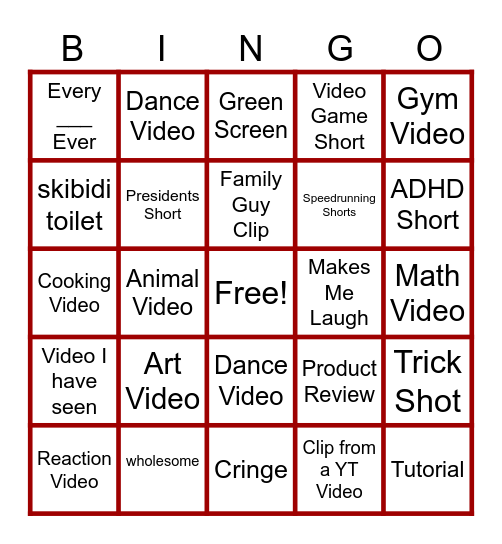 YT Shorts Bingo Card