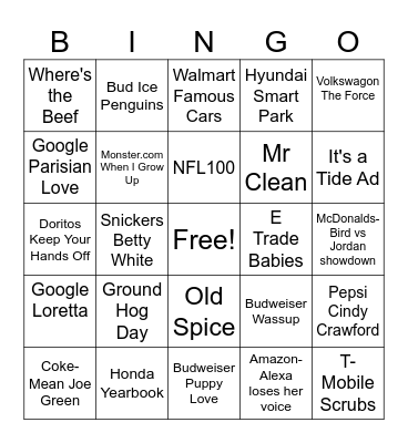 Super Bowl Commercial Bingo Card