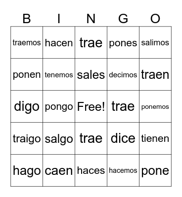 Bingo- Present Yo - Go Verbs Bingo Card