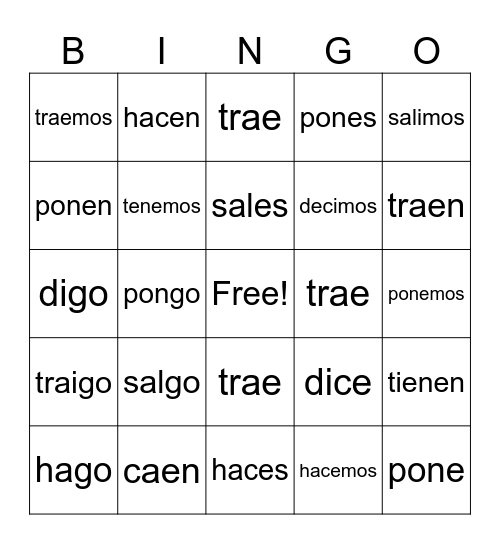 Bingo- Present Yo - Go Verbs Bingo Card
