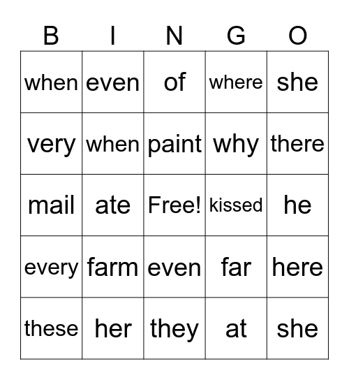Sight Words Bingo Card