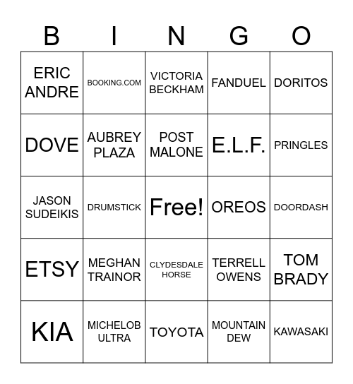 SUPER BOWL COMMERCIAL Bingo Card