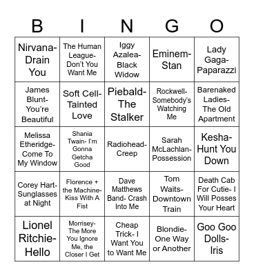 Radio Bingo Stalker Songs Bingo Card