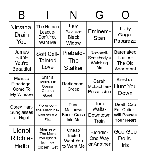 Radio Bingo Stalker Songs Bingo Card