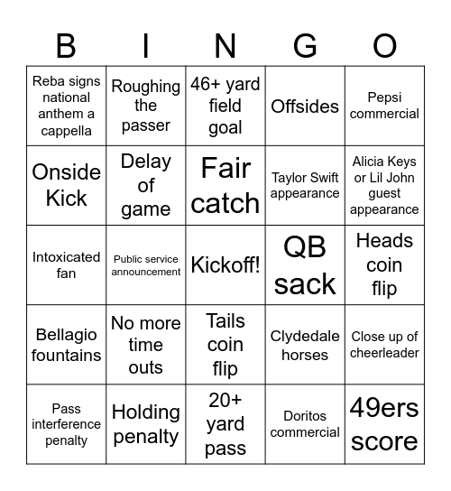 Superbowl LVIII Bingo Card