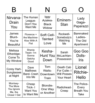 Radio Bingo Stalker Songs Bingo Card