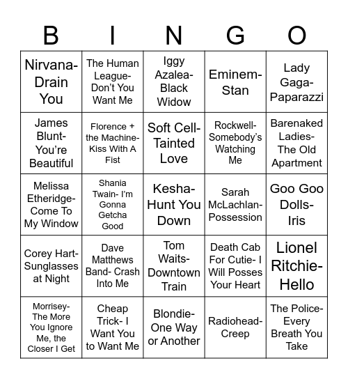 Radio Bingo Stalker Songs Bingo Card