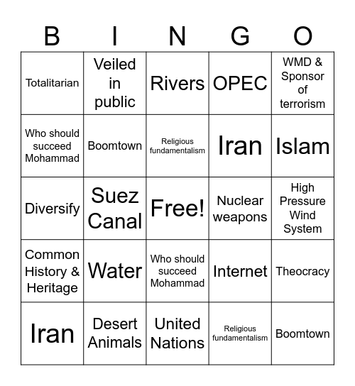 Middle East Bingo Card