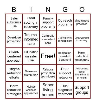 Harm Reduction Bingo Card