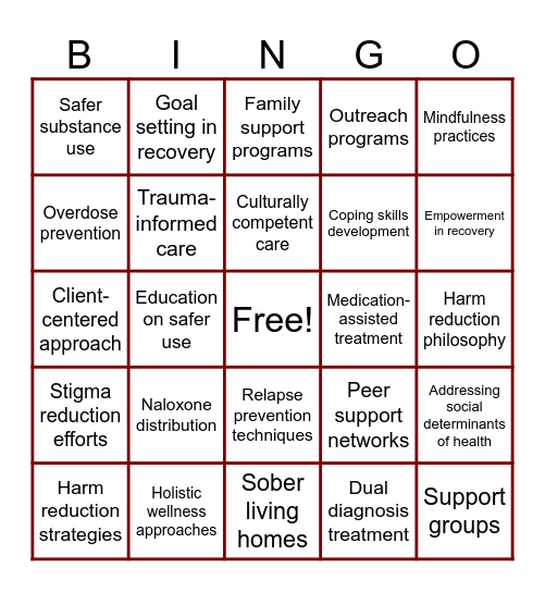 Harm Reduction Bingo Card